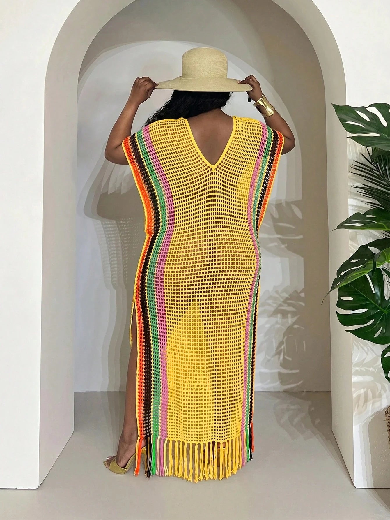 Slaydiva Women's Butter Yellow Summer Boho Vacation Holiday Lightweight Knit Crochet Beach Cover Up,Plus Size Western Wear Festival Rave Tropical Outfit