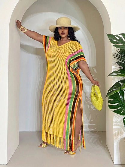 Slaydiva Women's Butter Yellow Summer Boho Vacation Holiday Lightweight Knit Crochet Beach Cover Up,Plus Size Western Wear Festival Rave Tropical Outfit