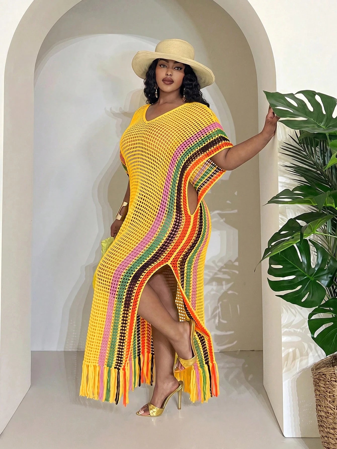 Slaydiva Women's Butter Yellow Summer Boho Vacation Holiday Lightweight Knit Crochet Beach Cover Up,Plus Size Western Wear Festival Rave Tropical Outfit