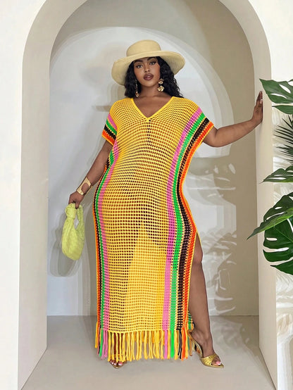Slaydiva Women's Butter Yellow Summer Boho Vacation Holiday Lightweight Knit Crochet Beach Cover Up,Plus Size Western Wear Festival Rave Tropical Outfit