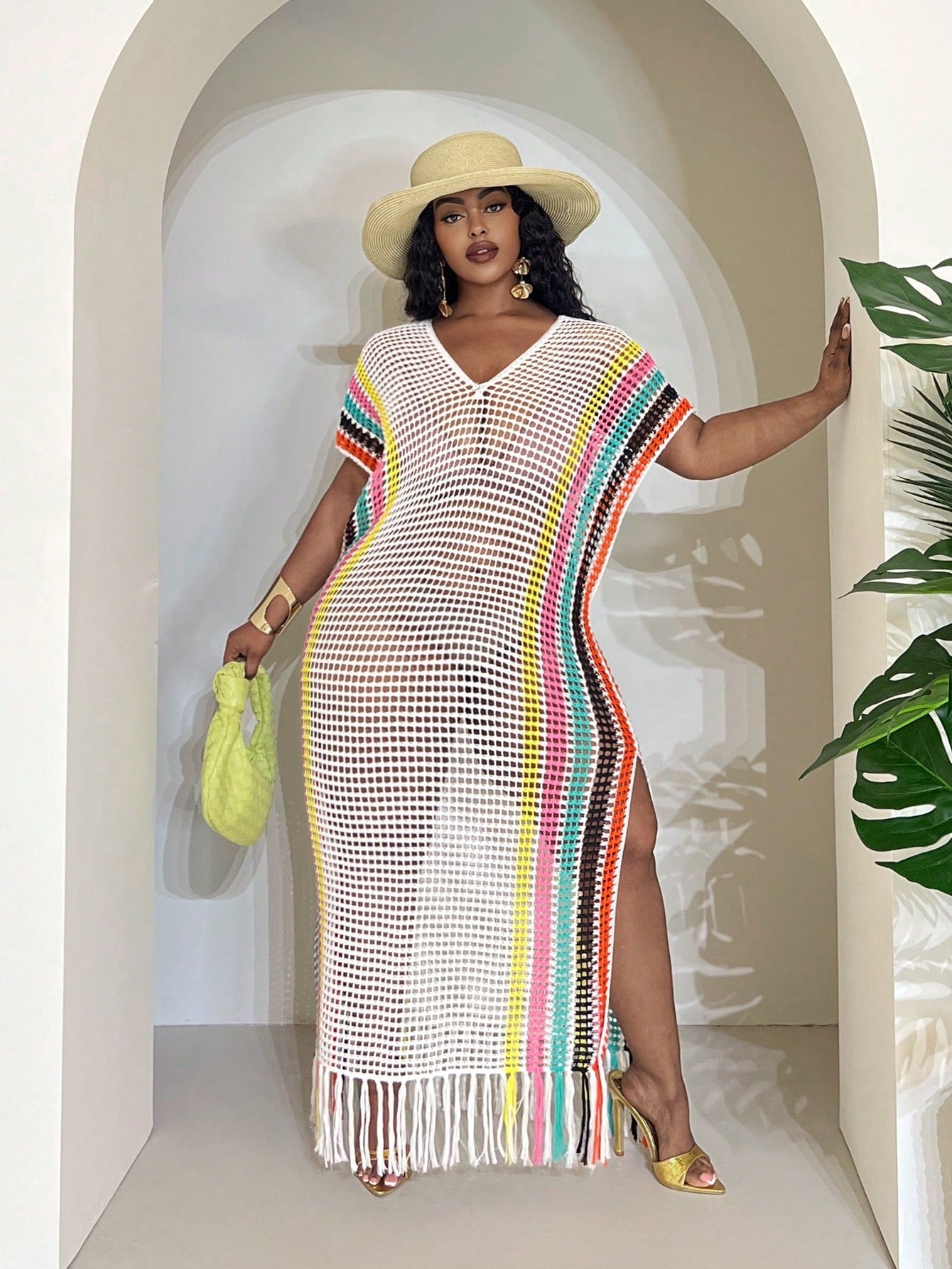 Slaydiva Women's Butter Yellow Summer Boho Vacation Holiday Lightweight Knit Crochet Beach Cover Up,Plus Size Western Wear Festival Rave Tropical Outfit