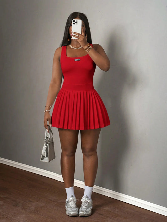 Slaydiva Women's Mini Dress Red,Summer,Casual,City Break,U-Neck Racer Vest Pleated Skirt With Shorts,Knitted Fabric Basic Simple Culottes Summer Dresses