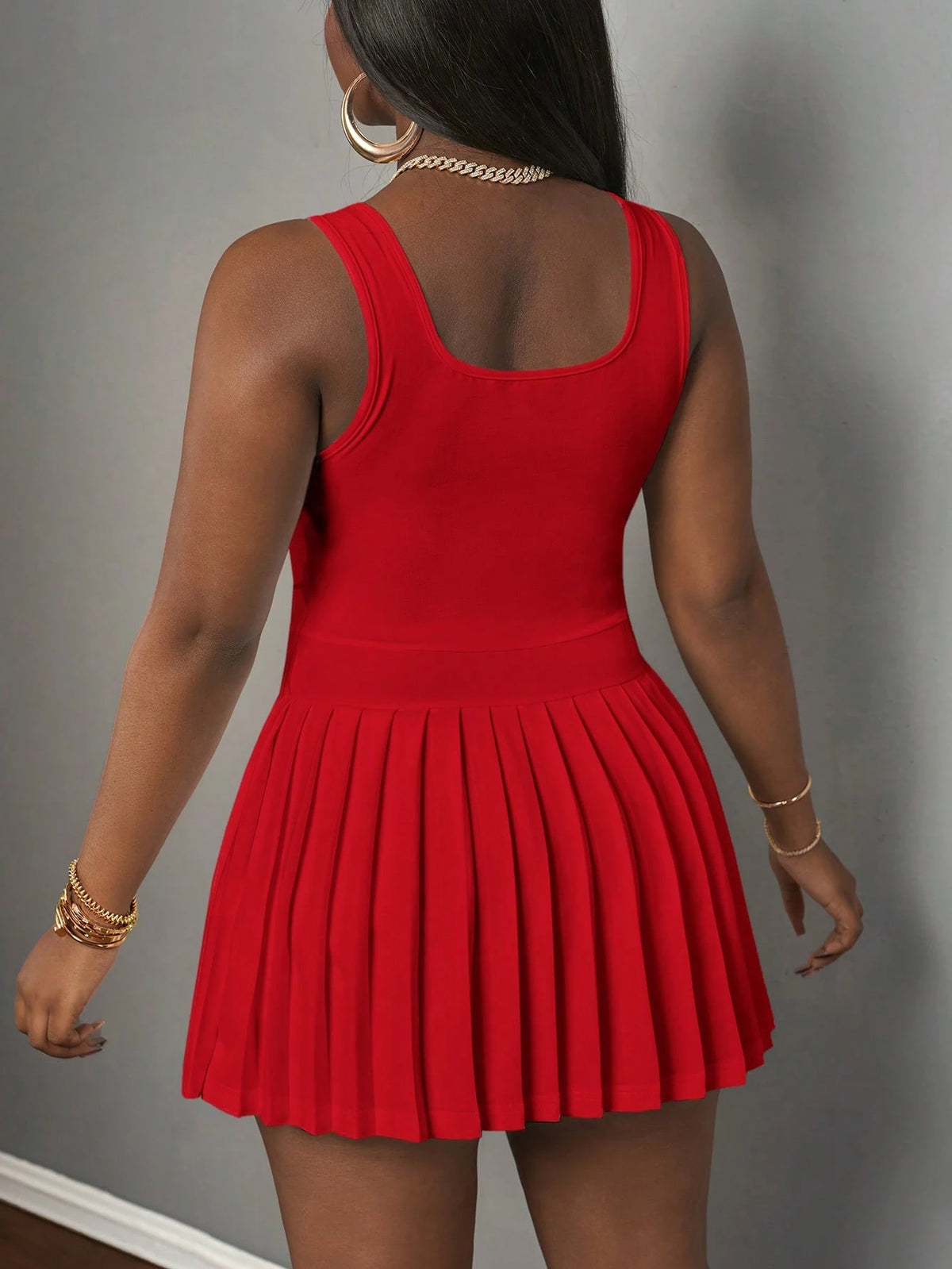 Slaydiva Women's Mini Dress Red,Summer,Casual,City Break,U-Neck Racer Vest Pleated Skirt With Shorts,Knitted Fabric Basic Simple Culottes Summer Dresses