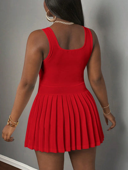 Slaydiva Women's Mini Dress Red,Summer,Casual,City Break,U-Neck Racer Vest Pleated Skirt With Shorts,Knitted Fabric Basic Simple Culottes Summer Dresses