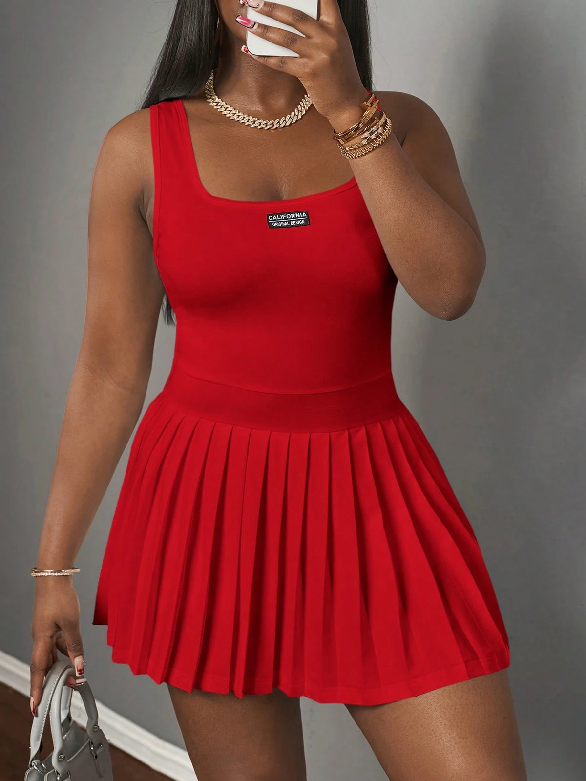 Slaydiva Women's Mini Dress Red,Summer,Casual,City Break,U-Neck Racer Vest Pleated Skirt With Shorts,Knitted Fabric Basic Simple Culottes Summer Dresses