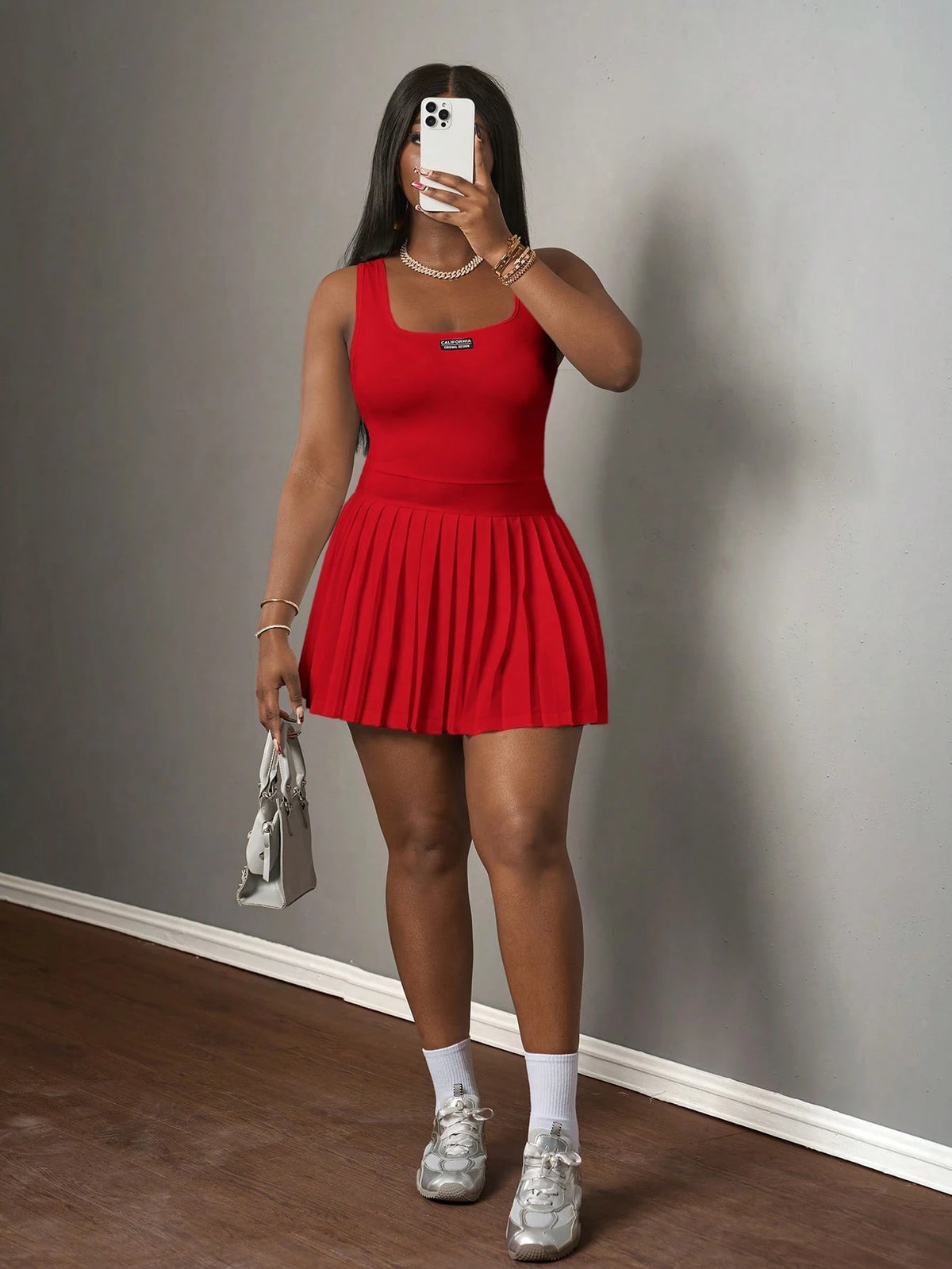 Slaydiva Women's Mini Dress Red,Summer,Casual,City Break,U-Neck Racer Vest Pleated Skirt With Shorts,Knitted Fabric Basic Simple Culottes Summer Dresses