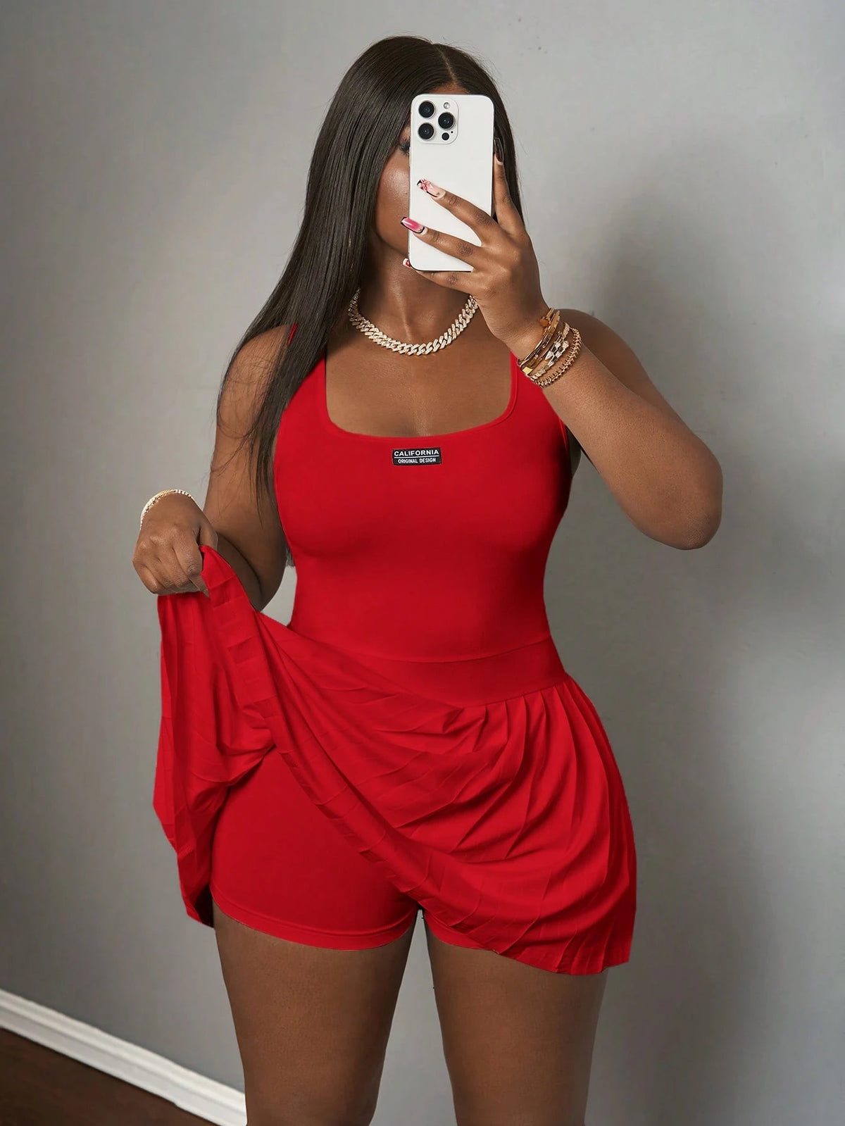 Slaydiva Women's Mini Dress Red,Summer,Casual,City Break,U-Neck Racer Vest Pleated Skirt With Shorts,Knitted Fabric Basic Simple Culottes Summer Dresses