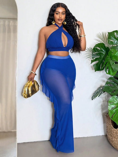 Slaydiva Women's Solid Color Halter Neck Swimwear 3-Piece Set, Suitable For Beach Vacation, Plus Size