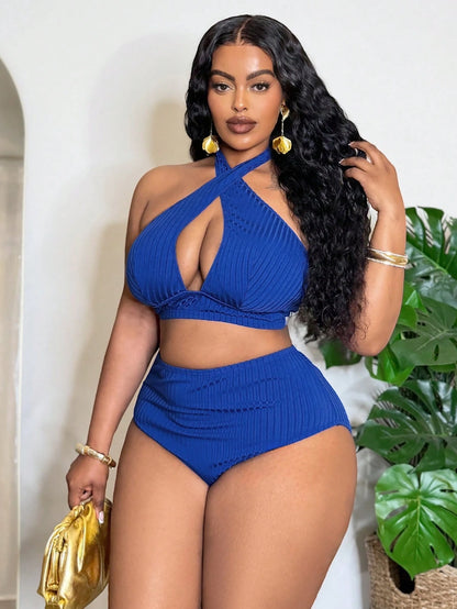 Slaydiva Women's Solid Color Halter Neck Swimwear 3-Piece Set, Suitable For Beach Vacation, Plus Size