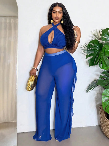 Slaydiva Women's Solid Color Halter Neck Swimwear 3-Piece Set, Suitable For Beach Vacation, Plus Size