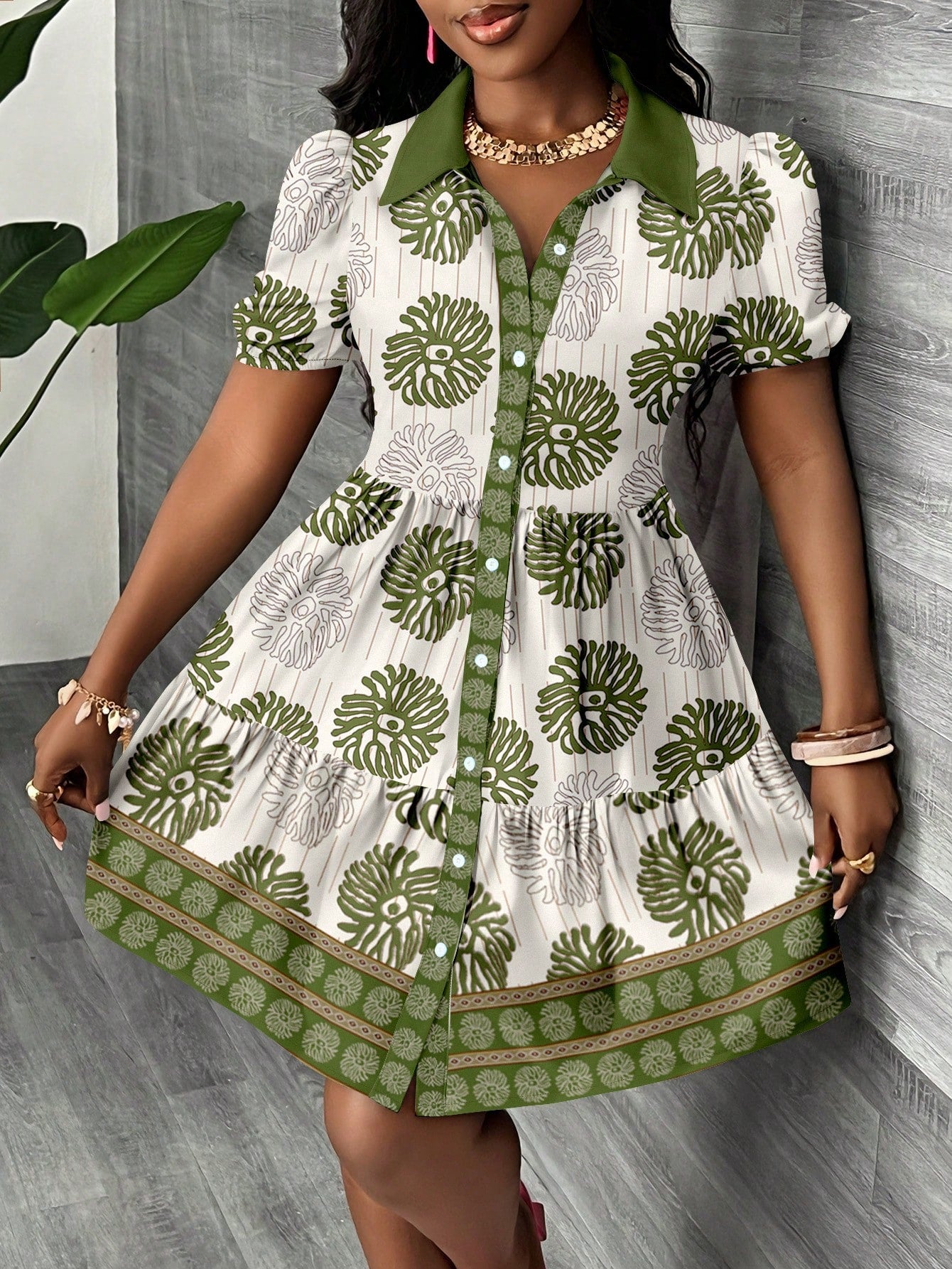 Slaydiva Women's Summer White Floral Mini Shirt Dress, Puff Sleeve A-Line Boho Tropical Holiday Vacation Beach Outfits, Palm Tree Graphic Country Sun Dresses