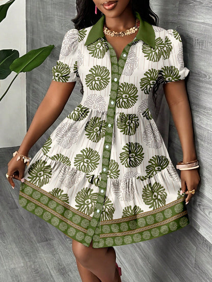 Slaydiva Women's Summer White Floral Mini Shirt Dress, Puff Sleeve A-Line Boho Tropical Holiday Vacation Beach Outfits, Palm Tree Graphic Country Sun Dresses