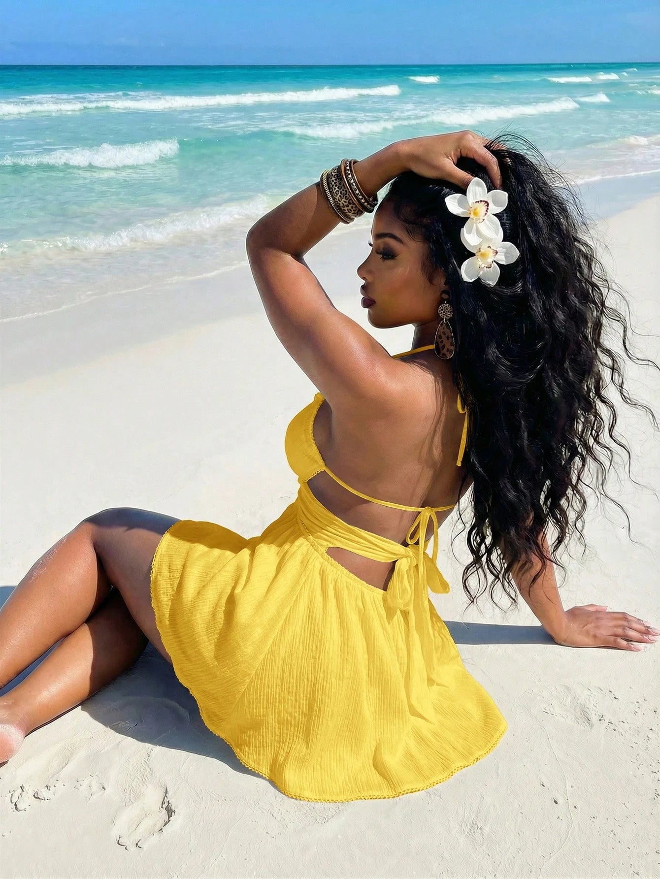 Slaydiva Yellow Summer Casual Tropical Sexy Beach Vacation Halter Neck Lace Patchwork Hollow-Out A-Line Women's Short Dress,Elegant Crepe Umbrella Skirt