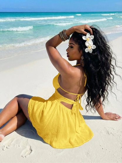 Slaydiva Yellow Summer Casual Tropical Sexy Beach Vacation Halter Neck Lace Patchwork Hollow-Out A-Line Women's Short Dress,Elegant Crepe Umbrella Skirt