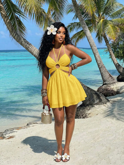 Slaydiva Yellow Summer Casual Tropical Sexy Beach Vacation Halter Neck Lace Patchwork Hollow-Out A-Line Women's Short Dress,Elegant Crepe Umbrella Skirt