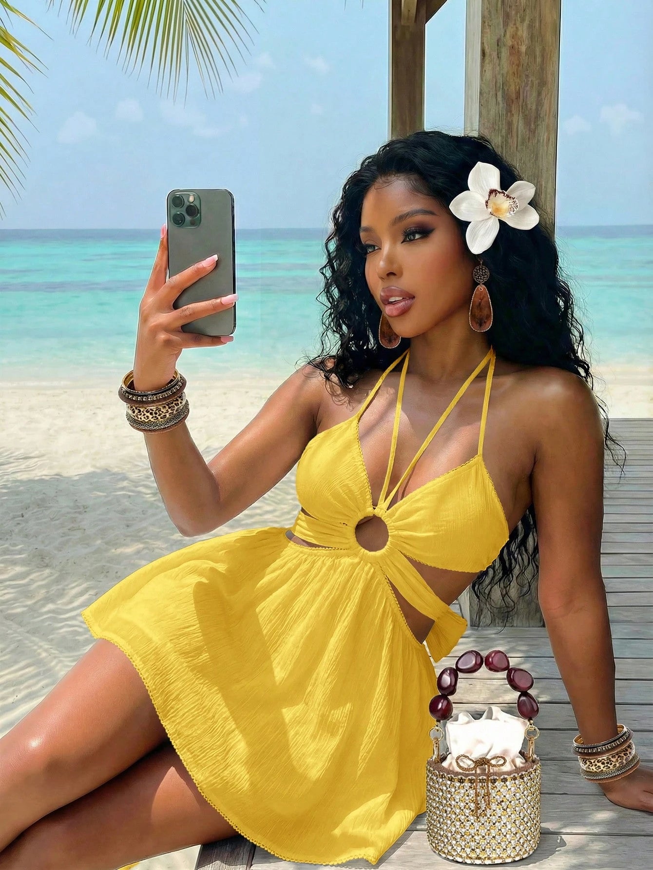 Slaydiva Yellow Summer Casual Tropical Sexy Beach Vacation Halter Neck Lace Patchwork Hollow-Out A-Line Women's Short Dress,Elegant Crepe Umbrella Skirt