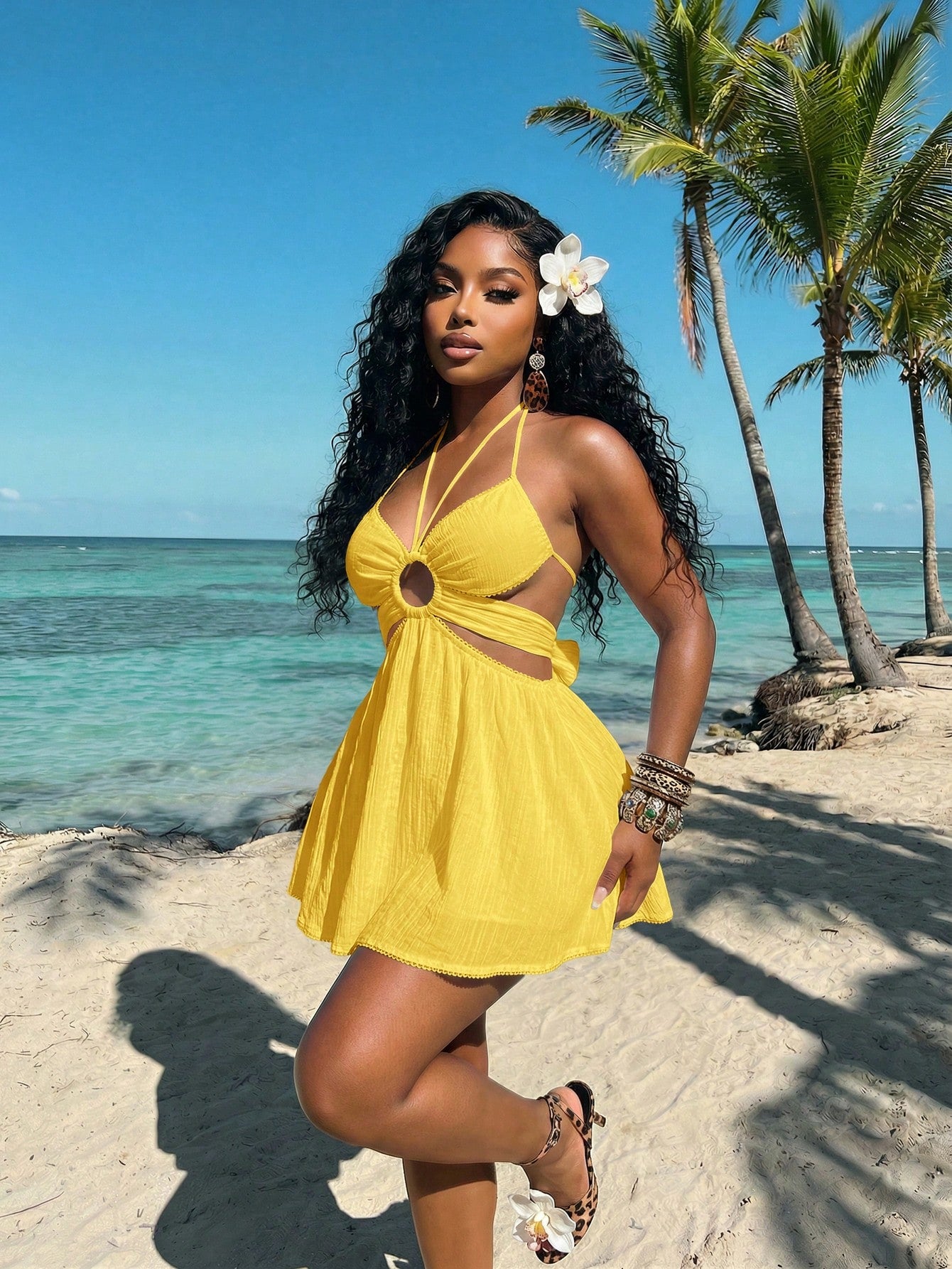Slaydiva Yellow Summer Casual Tropical Sexy Beach Vacation Halter Neck Lace Patchwork Hollow-Out A-Line Women's Short Dress,Elegant Crepe Umbrella Skirt