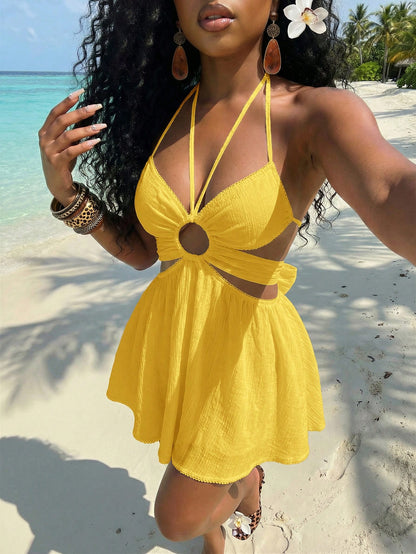 Slaydiva Yellow Summer Casual Tropical Sexy Beach Vacation Halter Neck Lace Patchwork Hollow-Out A-Line Women's Short Dress,Elegant Crepe Umbrella Skirt