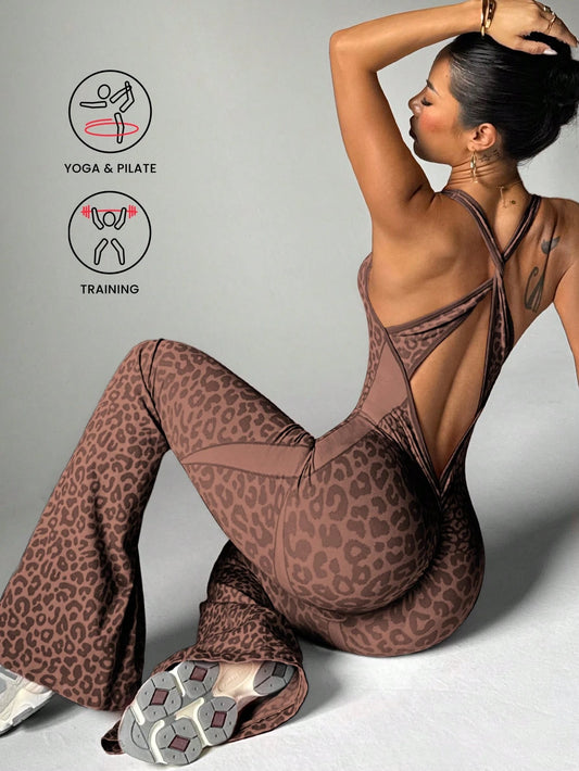 Slayform Slayform 1pc Leopard Print Twisted Cutout Back Deep V Flared Jumpsuit Brown Set Brown Bodysuit Pink Bodysuit
