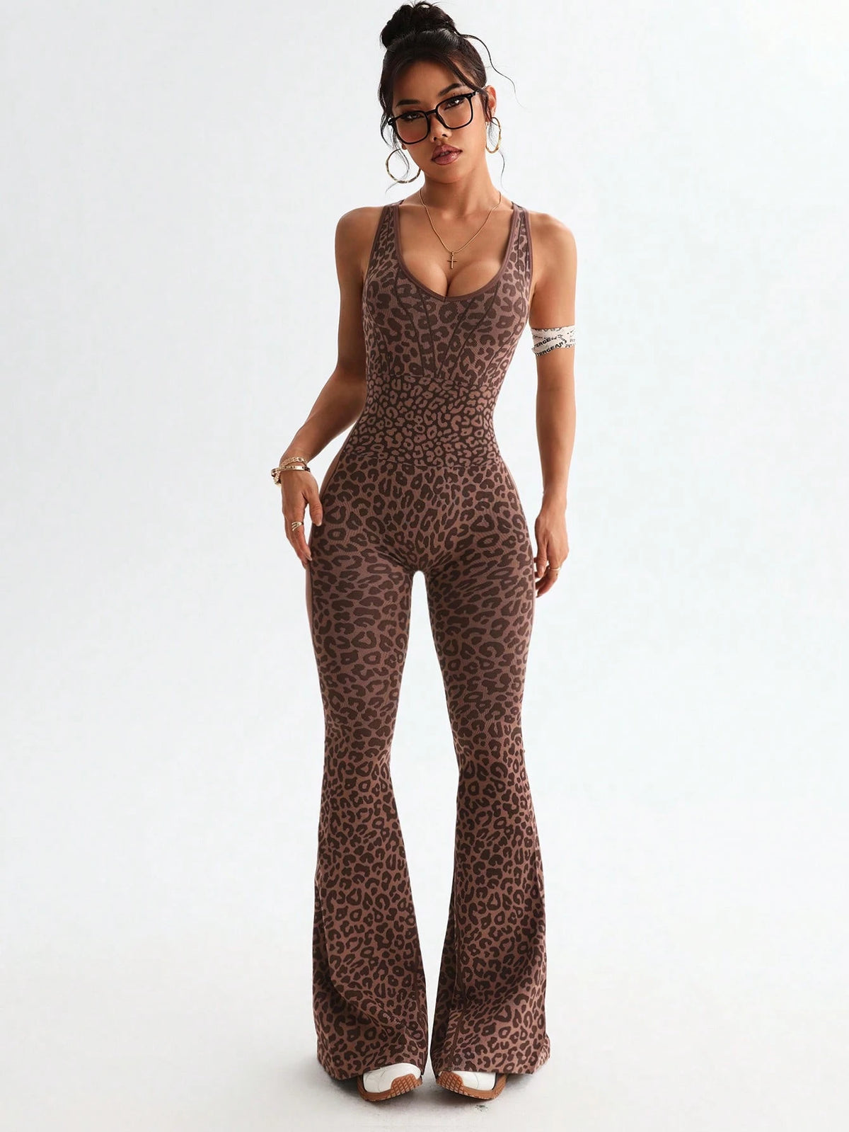 Slayform Slayform 1pc Leopard Print Twisted Cutout Back Deep V Flared Jumpsuit Brown Set Brown Bodysuit Pink Bodysuit