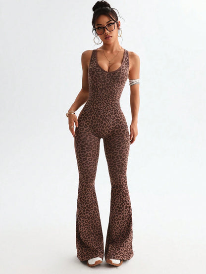 Slayform Slayform 1pc Leopard Print Twisted Cutout Back Deep V Flared Jumpsuit Brown Set Brown Bodysuit Pink Bodysuit