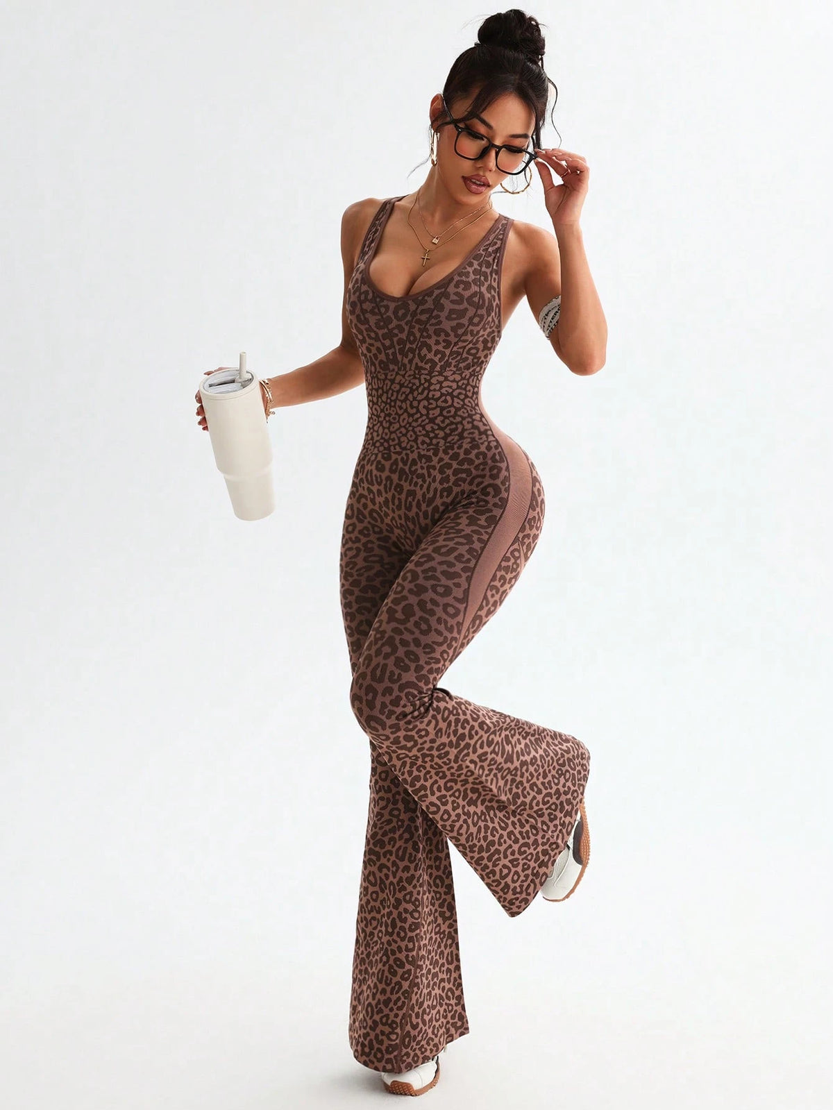 Slayform Slayform 1pc Leopard Print Twisted Cutout Back Deep V Flared Jumpsuit Brown Set Brown Bodysuit Pink Bodysuit