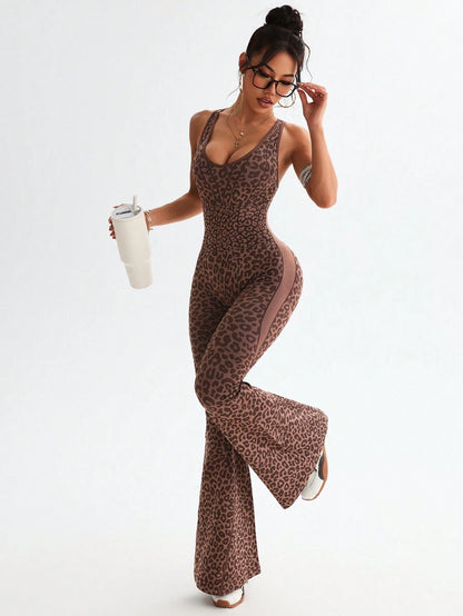 Slayform Slayform 1pc Leopard Print Twisted Cutout Back Deep V Flared Jumpsuit Brown Set Brown Bodysuit Pink Bodysuit