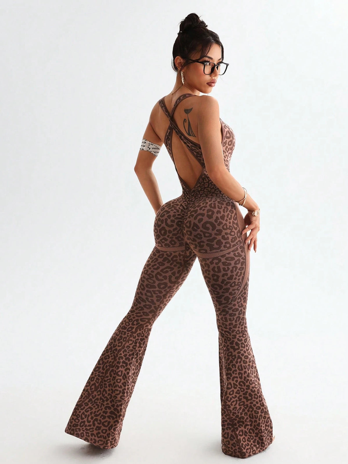 Slayform Slayform 1pc Leopard Print Twisted Cutout Back Deep V Flared Jumpsuit Brown Set Brown Bodysuit Pink Bodysuit