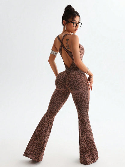 Slayform Slayform 1pc Leopard Print Twisted Cutout Back Deep V Flared Jumpsuit Brown Set Brown Bodysuit Pink Bodysuit