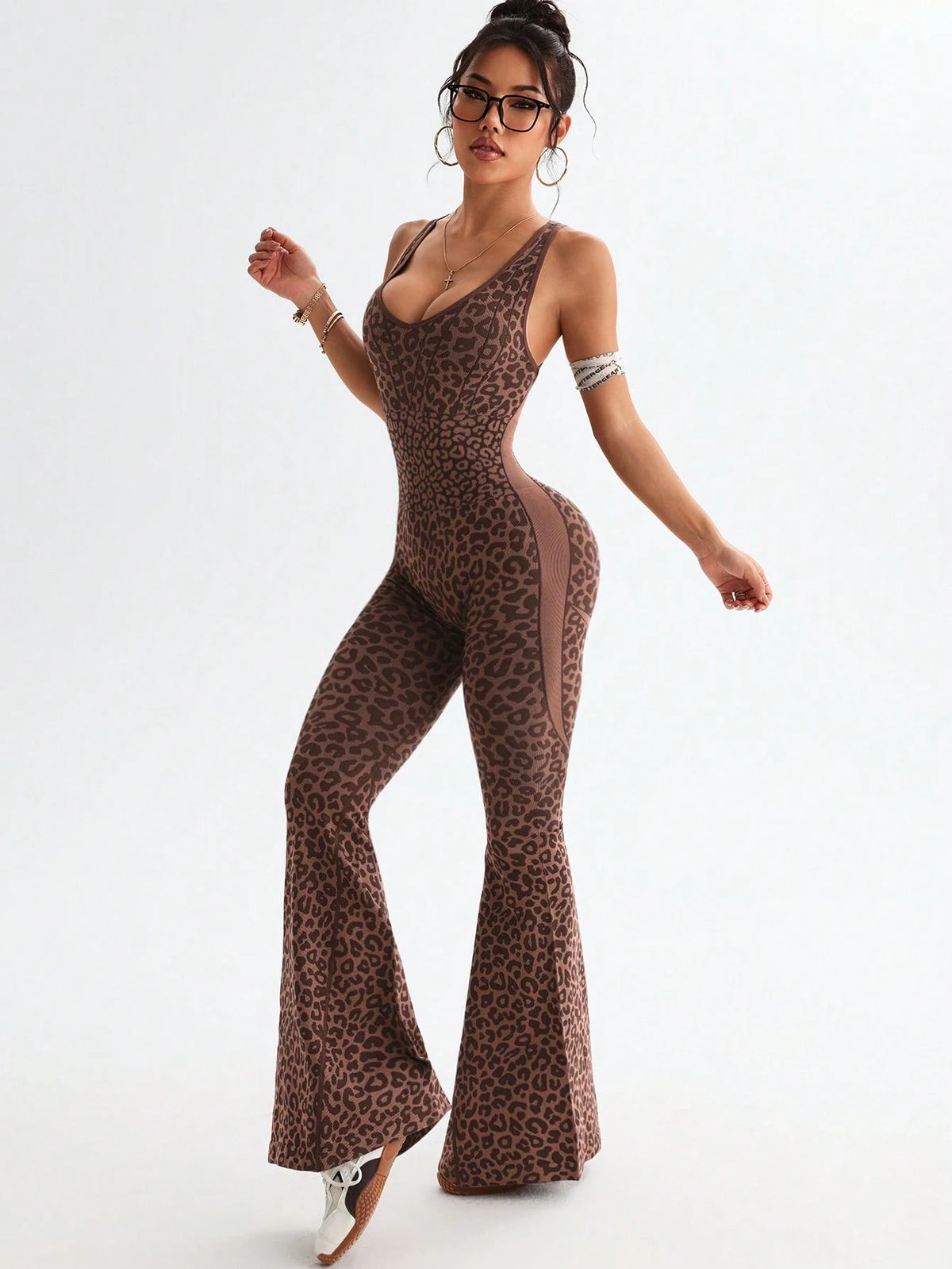 Slayform Slayform 1pc Leopard Print Twisted Cutout Back Deep V Flared Jumpsuit Brown Set Brown Bodysuit Pink Bodysuit