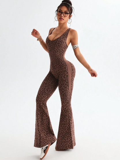 Slayform Slayform 1pc Leopard Print Twisted Cutout Back Deep V Flared Jumpsuit Brown Set Brown Bodysuit Pink Bodysuit