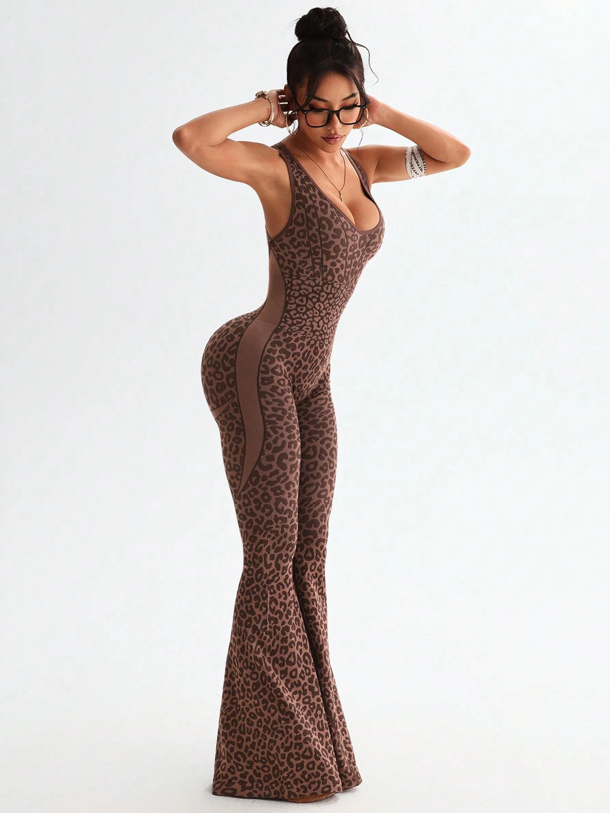 Slayform Slayform 1pc Leopard Print Twisted Cutout Back Deep V Flared Jumpsuit Brown Set Brown Bodysuit Pink Bodysuit