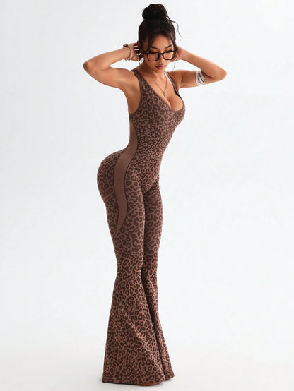 Slayform Slayform 1pc Leopard Print Twisted Cutout Back Deep V Flared Jumpsuit Brown Set Brown Bodysuit Pink Bodysuit