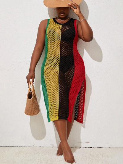 Slayr CURVE Summer Beach Plus Size Color Block Hollow Out Knit Cover Up