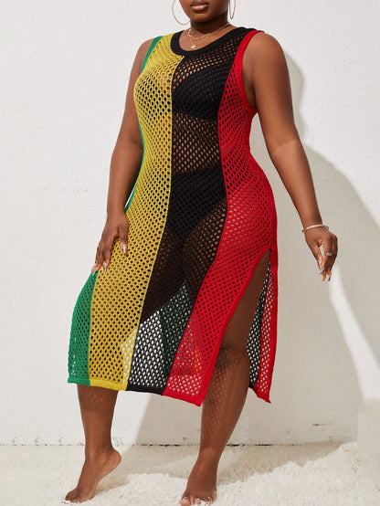Slayr CURVE Summer Beach Plus Size Color Block Hollow Out Knit Cover Up