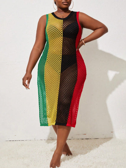 Slayr CURVE Summer Beach Plus Size Color Block Hollow Out Knit Cover Up