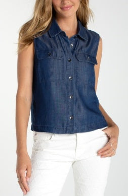 Sleeveless Button Top with Pockets Serene Dark