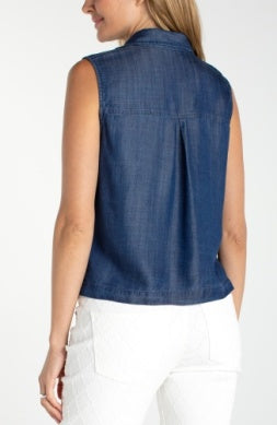 Sleeveless Button Top with Pockets Serene Dark