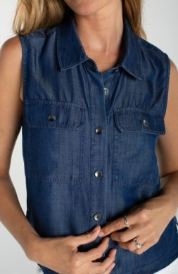 Sleeveless Button Top with Pockets Serene Dark