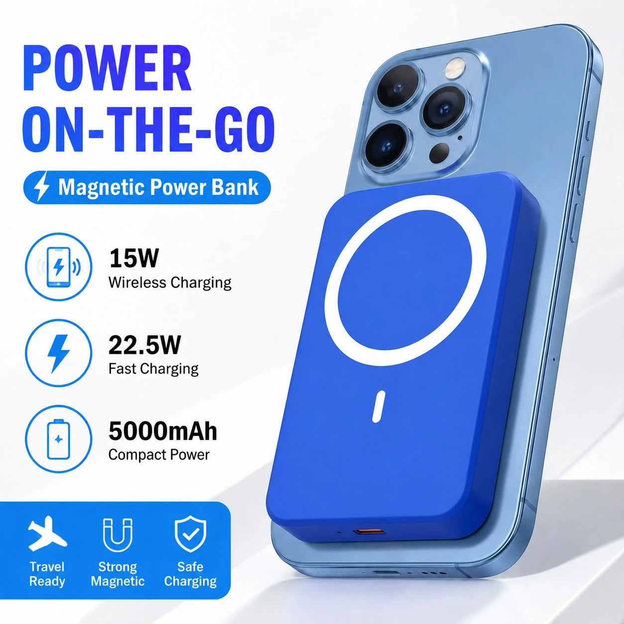 Slim Compact Portable Magnetic Wireless Power Bank 5000mAh 15W Wireless Charging 22.5W PD Fast Charging Phone Charger Strong Magnetic Attachment Back To School Supplies Lightweight Compact Charger For