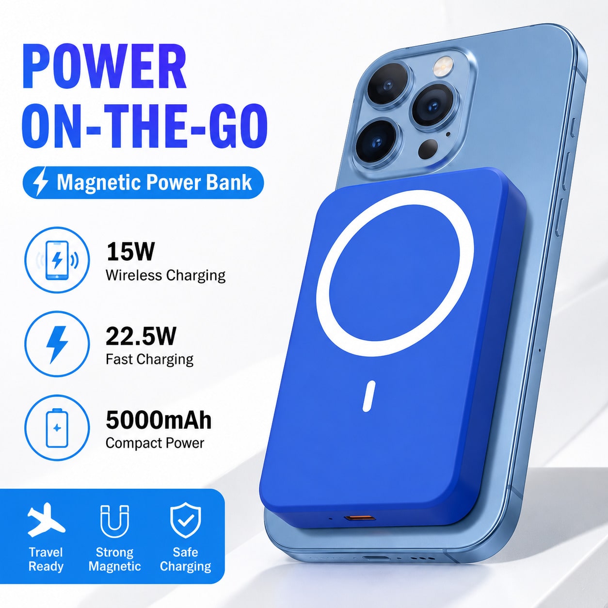 Slim Compact Portable Magnetic Wireless Power Bank 5000mAh 15W Wireless Charging 22.5W PD Fast Charging Phone Charger Strong Magnetic Attachment Back To School Supplies Lightweight Compact Charger For
