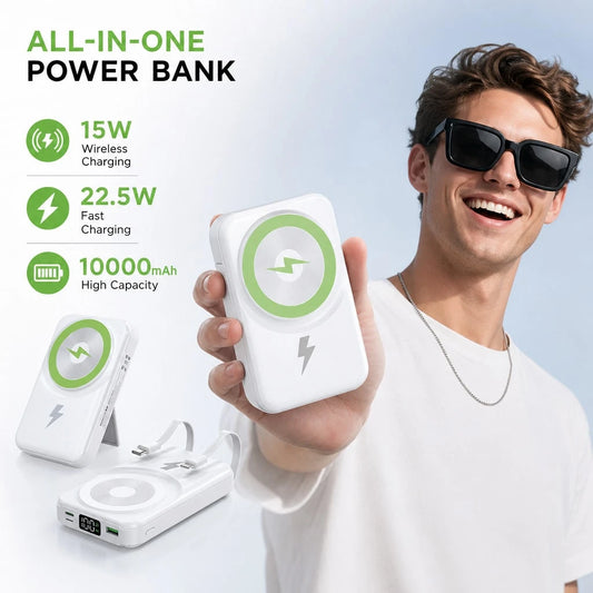 Slim White 10000mAh Magnetic Charger With 15W Wireless And 22.5W Wired Fast Charging, With Percentage Battery Screen, White And Green Styling And Adjustable Hands-Free Stand, Compatible With IPhone 16