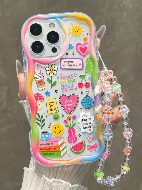 Smiling Face Printed Flat Cream Wave Edge With Bracelet Simple Anti-Drop Thickened Phone Protective Case Suitable For Ip 17/Ip 17pro/Ip 17promax/Iphone16 XR/7/8 Iphone15Promax/12PROMAX/13PROMAX/14PRO