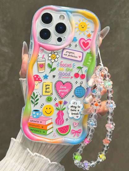 Smiling Face Printed Flat Cream Wave Edge With Bracelet Simple Anti-Drop Thickened Phone Protective Case Suitable For Ip 17/Ip 17pro/Ip 17promax/Iphone16 XR/7/8 Iphone15Promax/12PROMAX/13PROMAX/14PRO