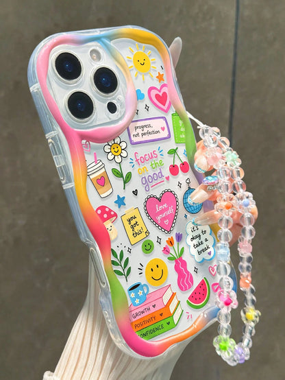 Smiling Face Printed Flat Cream Wave Edge With Bracelet Simple Anti-Drop Thickened Phone Protective Case Suitable For Ip 17/Ip 17pro/Ip 17promax/Iphone16 XR/7/8 Iphone15Promax/12PROMAX/13PROMAX/14PRO