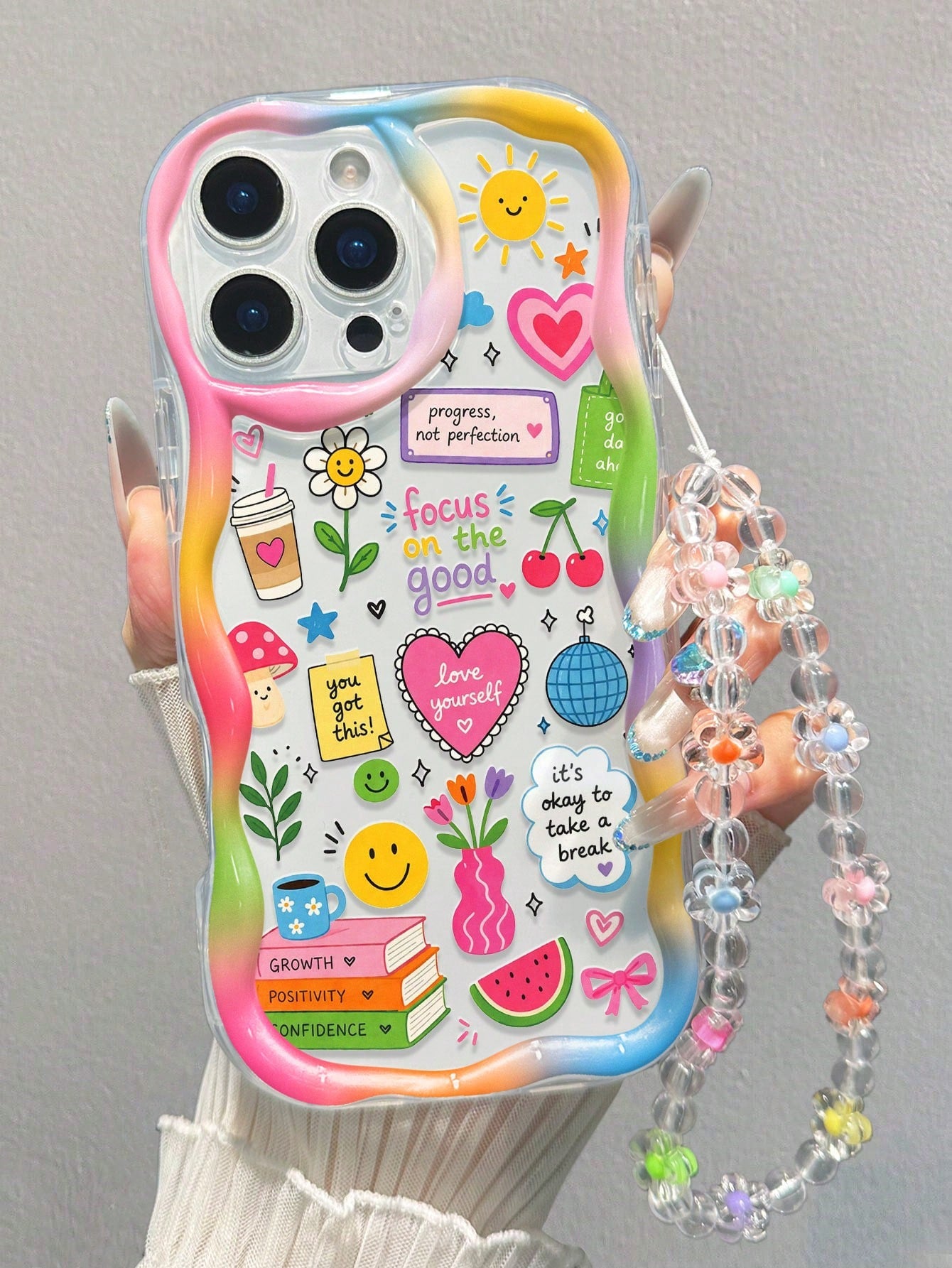 Smiling Face Printed Flat Cream Wave Edge With Bracelet Simple Anti-Drop Thickened Phone Protective Case Suitable For Ip 17/Ip 17pro/Ip 17promax/Iphone16 XR/7/8 Iphone15Promax/12PROMAX/13PROMAX/14PRO