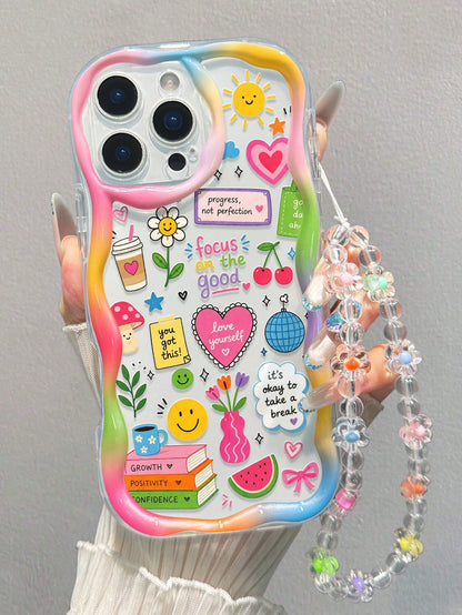 Smiling Face Printed Flat Cream Wave Edge With Bracelet Simple Anti-Drop Thickened Phone Protective Case Suitable For Ip 17/Ip 17pro/Ip 17promax/Iphone16 XR/7/8 Iphone15Promax/12PROMAX/13PROMAX/14PRO