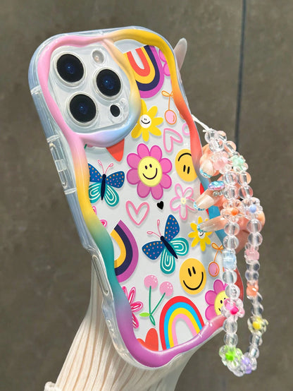 Smiling Face Printed Flat Cream Wave Edge With Bracelet Simple Anti-Drop Thickened Phone Protective Case Suitable For Ip 17/Ip 17pro/Ip 17promax/Iphone16 XR/7/8 Iphone15Promax/12PROMAX/13PROMAX/14PRO