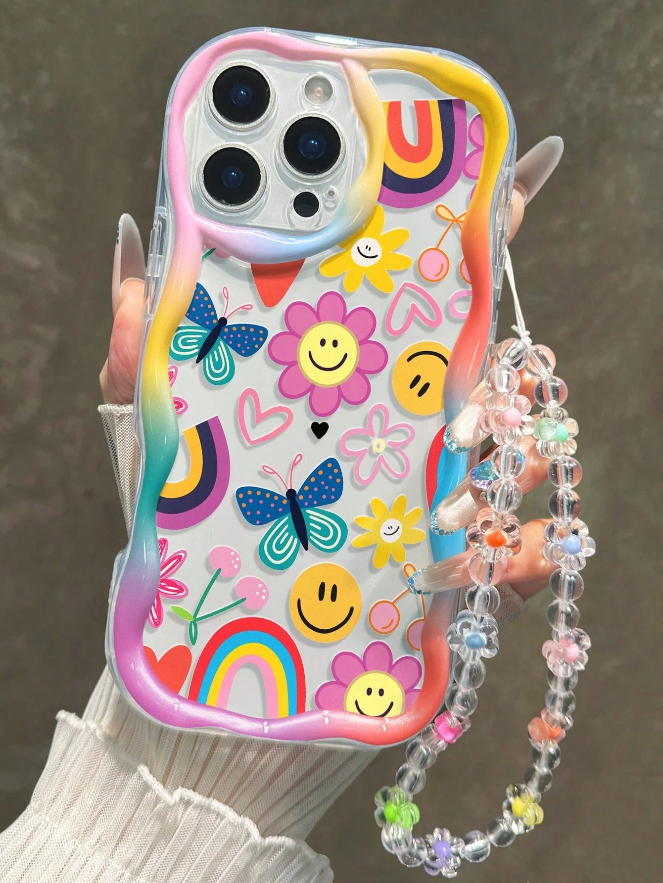 Smiling Face Printed Flat Cream Wave Edge With Bracelet Simple Anti-Drop Thickened Phone Protective Case Suitable For Ip 17/Ip 17pro/Ip 17promax/Iphone16 XR/7/8 Iphone15Promax/12PROMAX/13PROMAX/14PRO