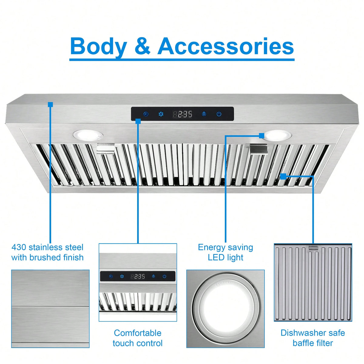 SNDOAS Range Hood 30 Inch Under Cabinet,Ductless Range Hoods With Touch Control,3-Venting Kitchen Hood,Stainless Steel Vent Hood,Under Cabinet Range Hood 30 Inch,Hood Vents For Kitchen 3 Speeds